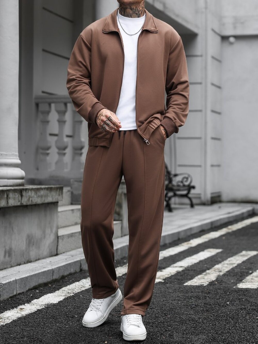 Brown Casual Men's Loose Pocket Zipper Long Sleeve Jacket & Pants Set - Picture 5 of 9